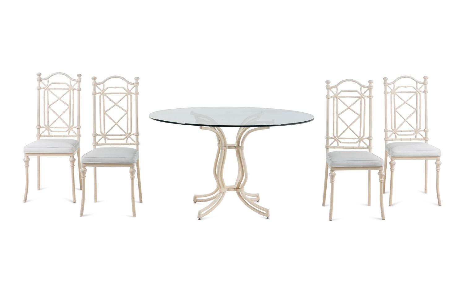 A White-Painted Cast Metal Faux Bamboo Dining Suite