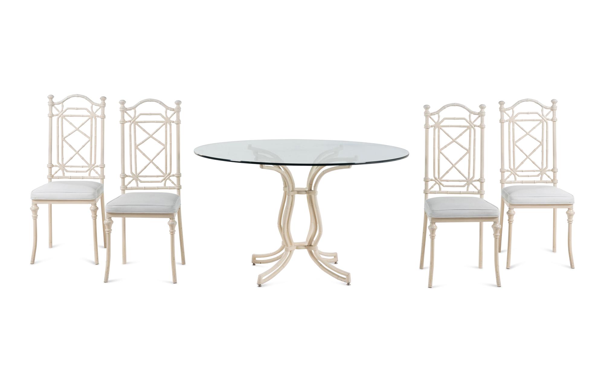 A White-Painted Cast Metal Faux Bamboo Dining Suite