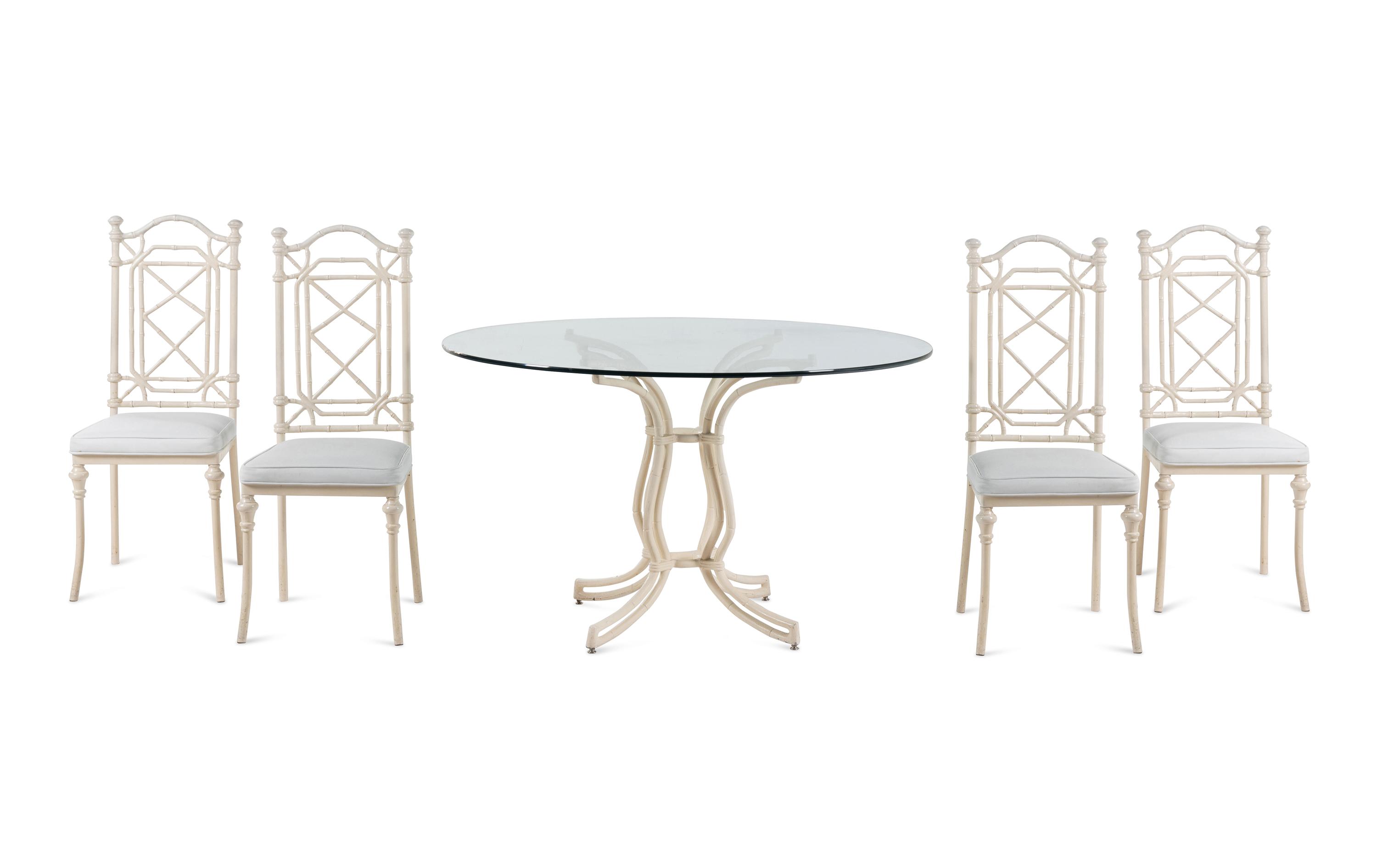 A White-Painted Cast Metal Faux Bamboo Dining Suite