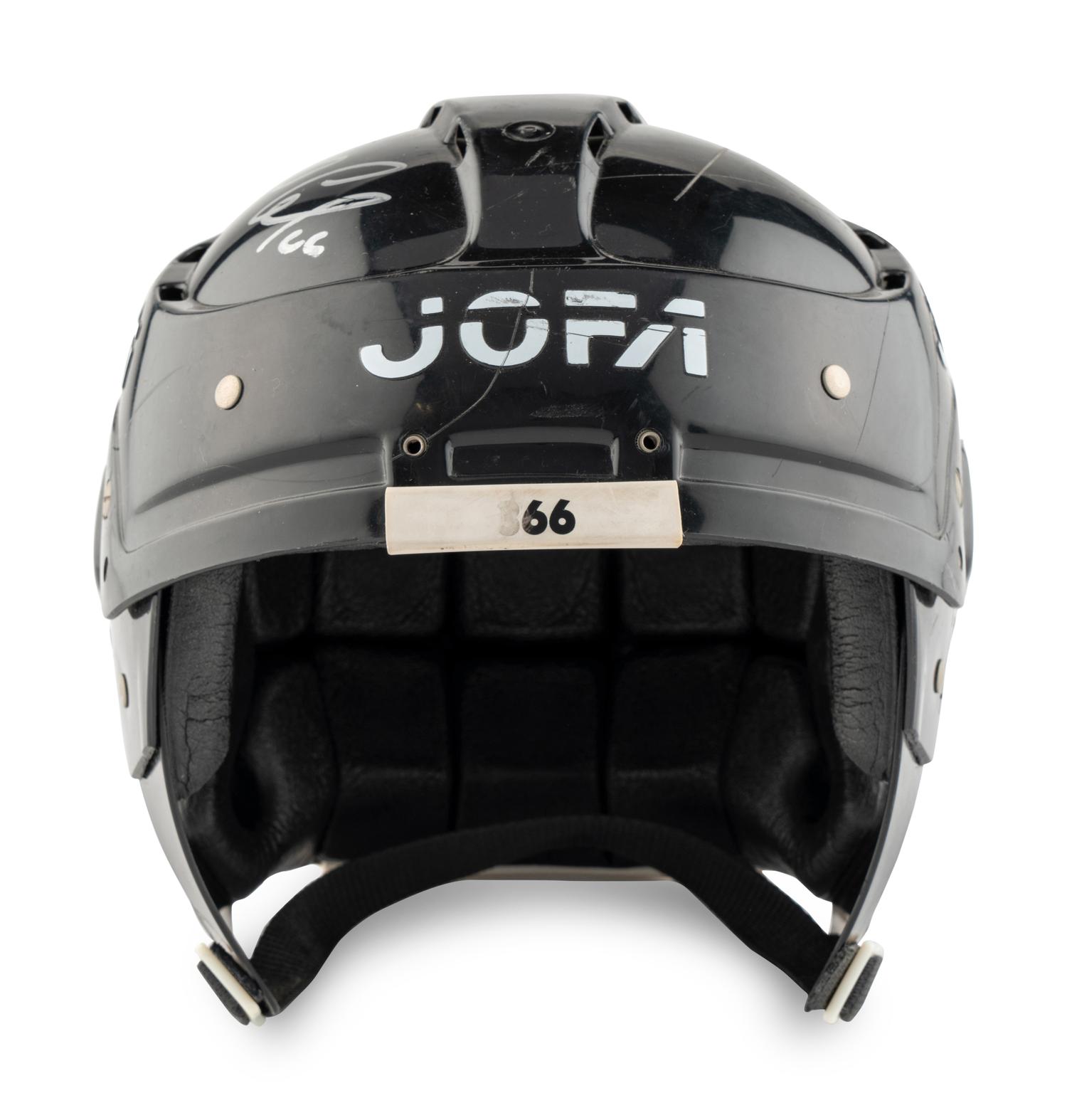 A Mario Lemieux Signed Autograph Game Used Jofa Hockey Helmet (Grey Flannel Letter, Beckett Authentication Services Sticker)