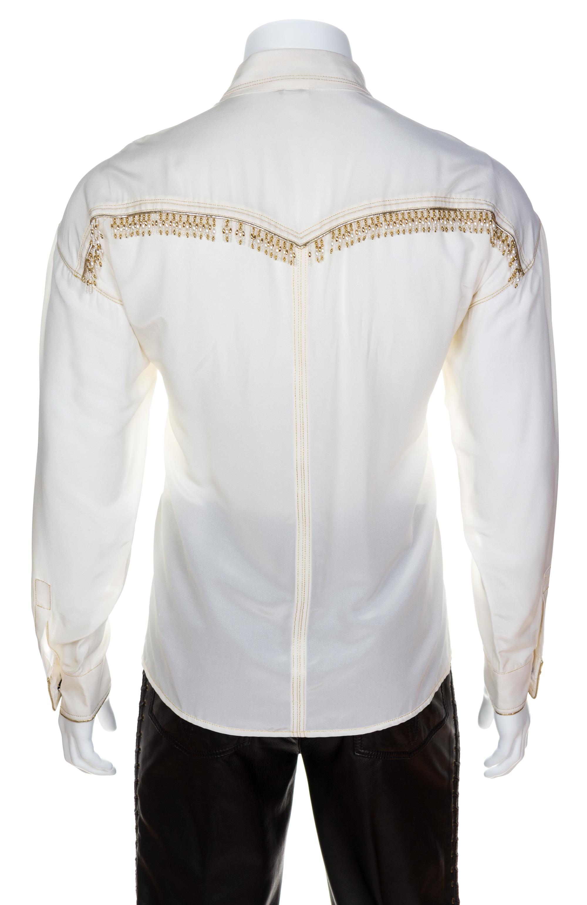 A Gianni Versace Cream Rayon and Silk Bead Embellished Men's Shirt, Size 50.