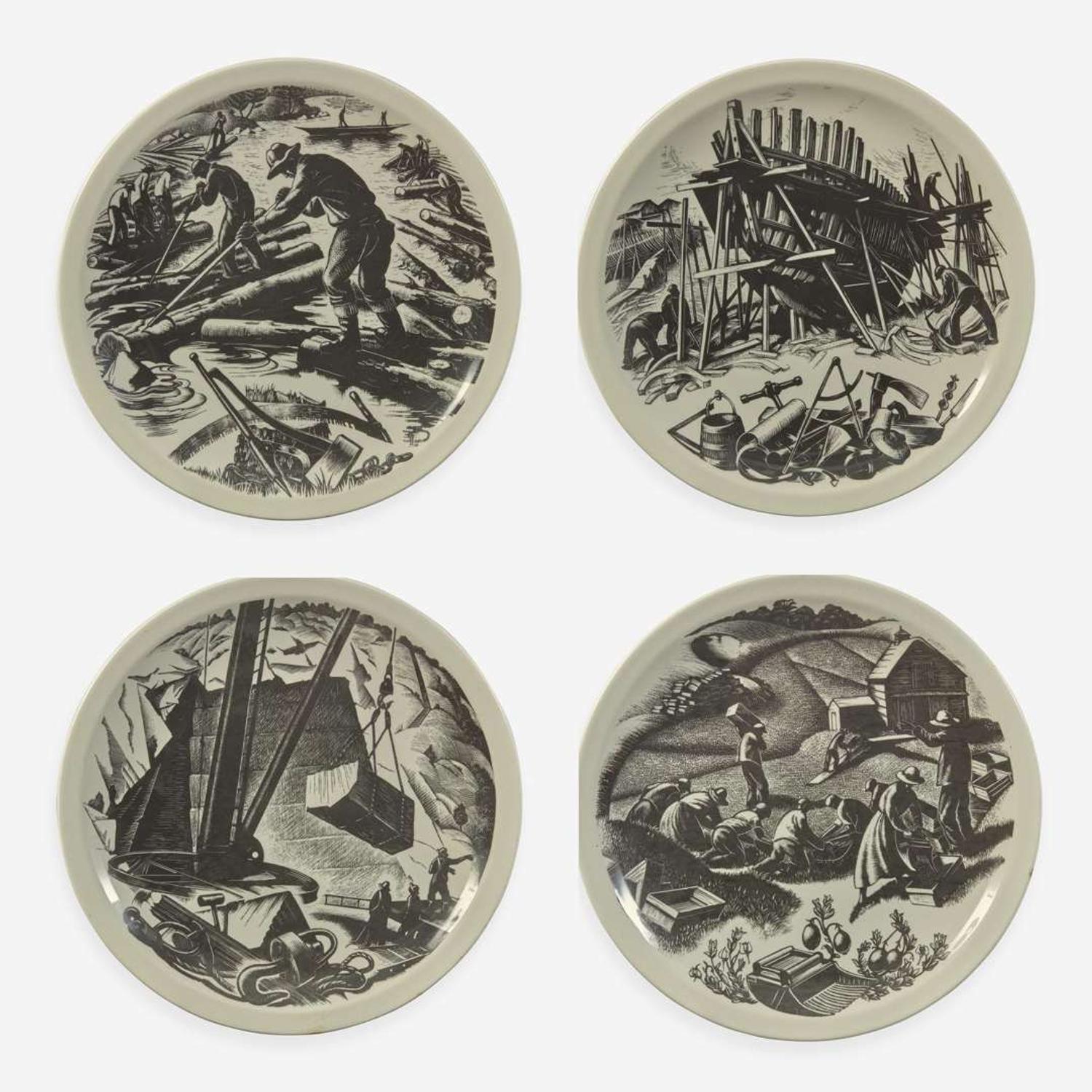 A Set of Twelve Wedgwood Queensware "New England Industries" Plates UK, 1950s