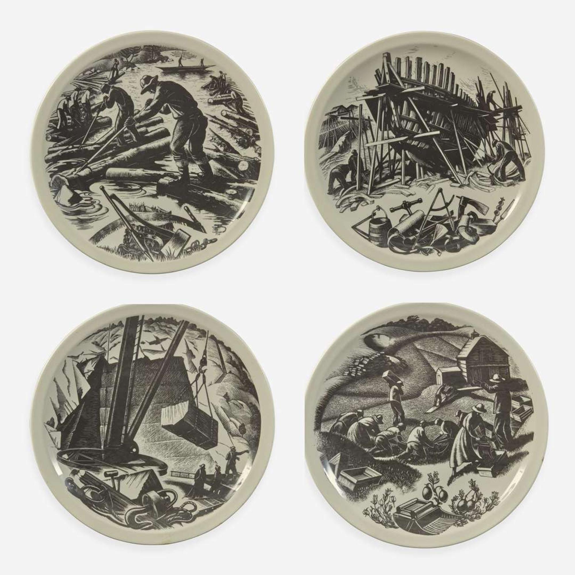 A Set of Twelve Wedgwood Queensware "New England Industries" Plates UK, 1950s