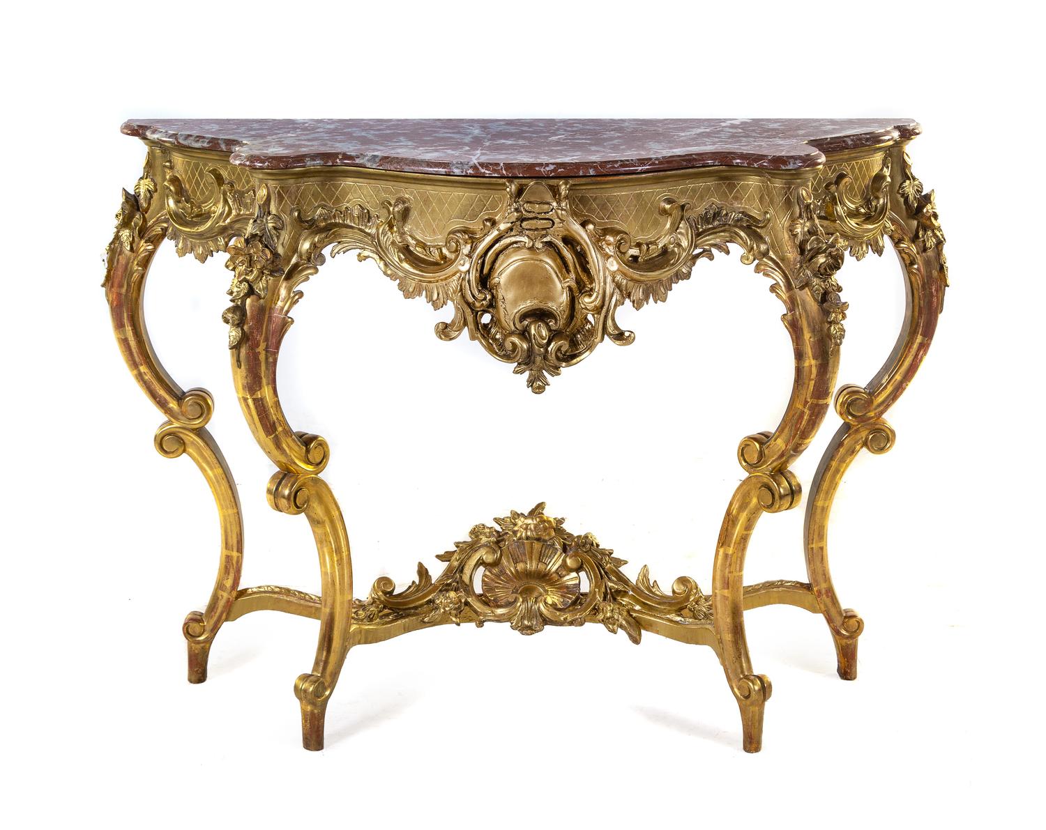 A Louis XV Style Giltwood Marble-Top Console Table