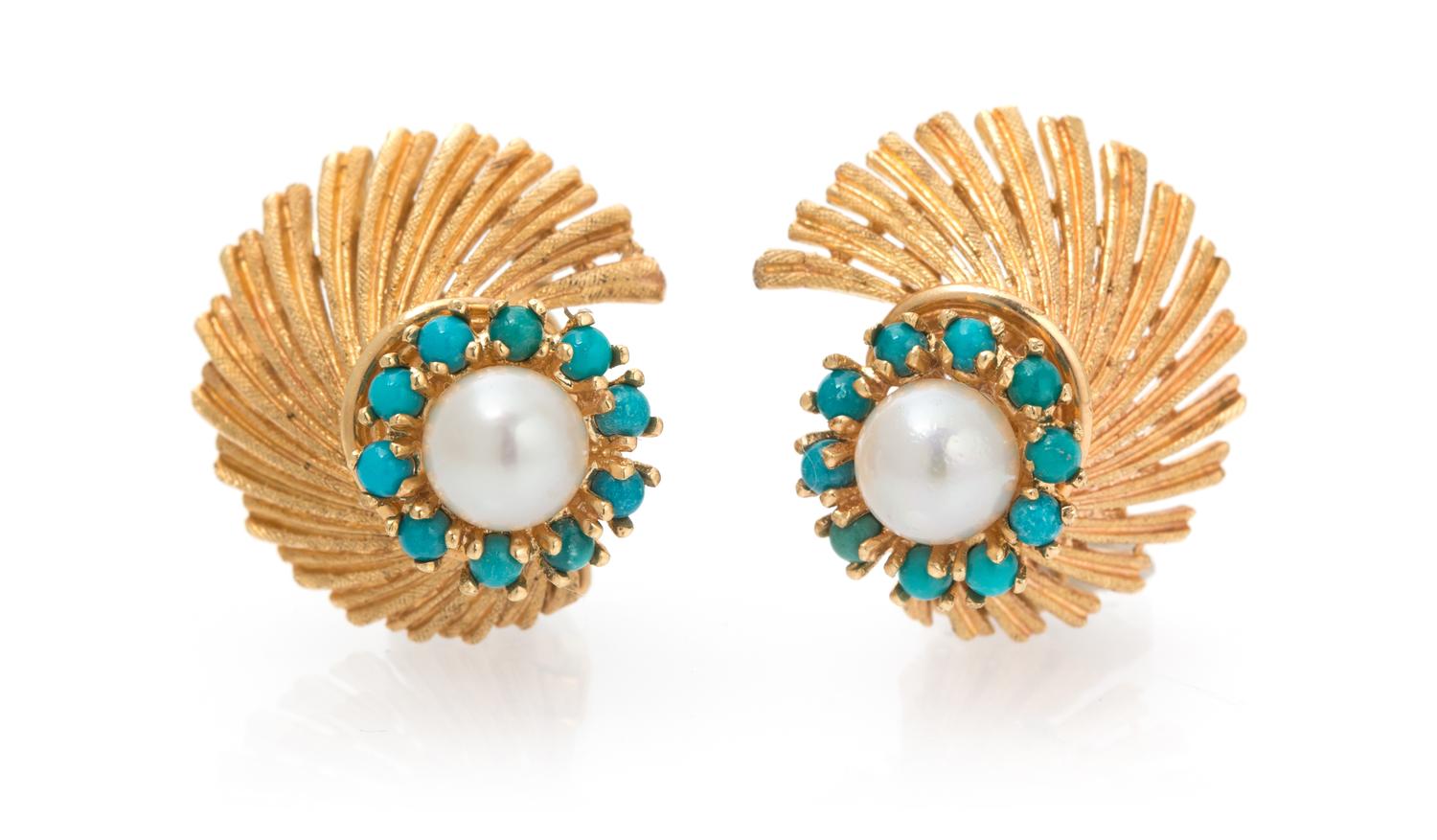 A Pair of 14 Karat Yellow Gold, Cultured Pearl and Turquoise Earclips, 6.10 dwts.
