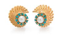A Pair of 14 Karat Yellow Gold, Cultured Pearl and Turquoise Earclips, 6.10 dwts.