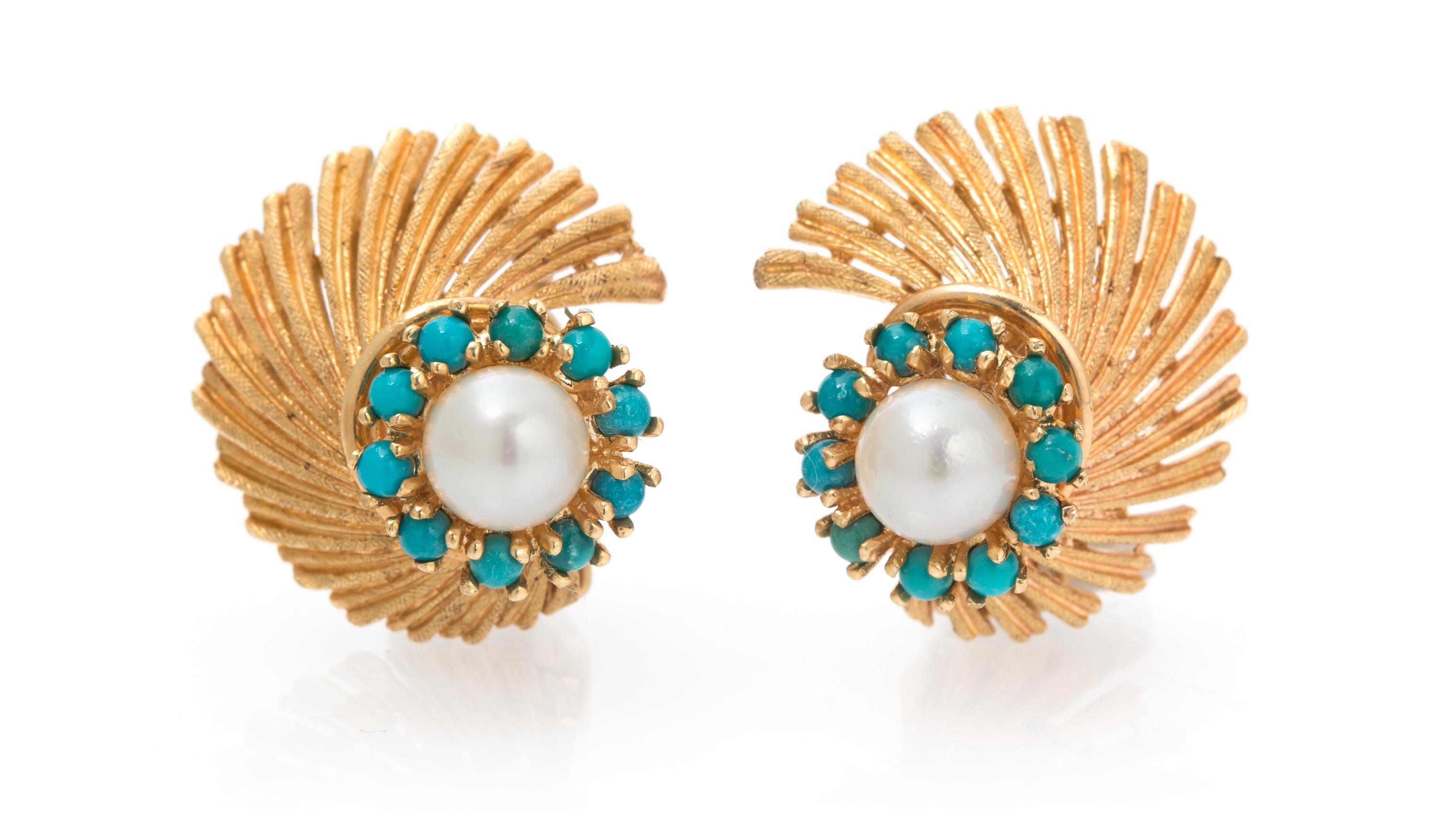 A Pair of 14 Karat Yellow Gold, Cultured Pearl and Turquoise Earclips, 6.10 dwts.