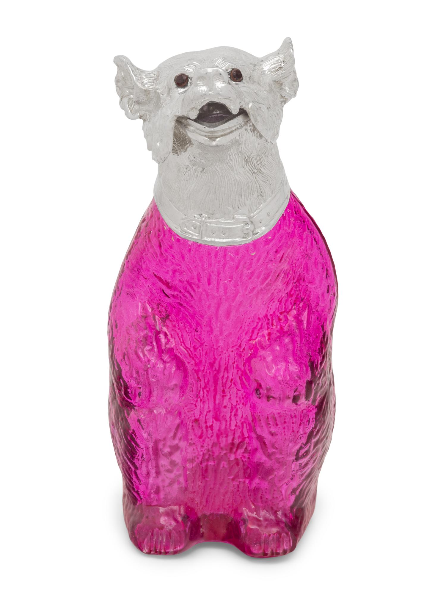 A Silver-Plate and Pink Glass Bear Decanter
