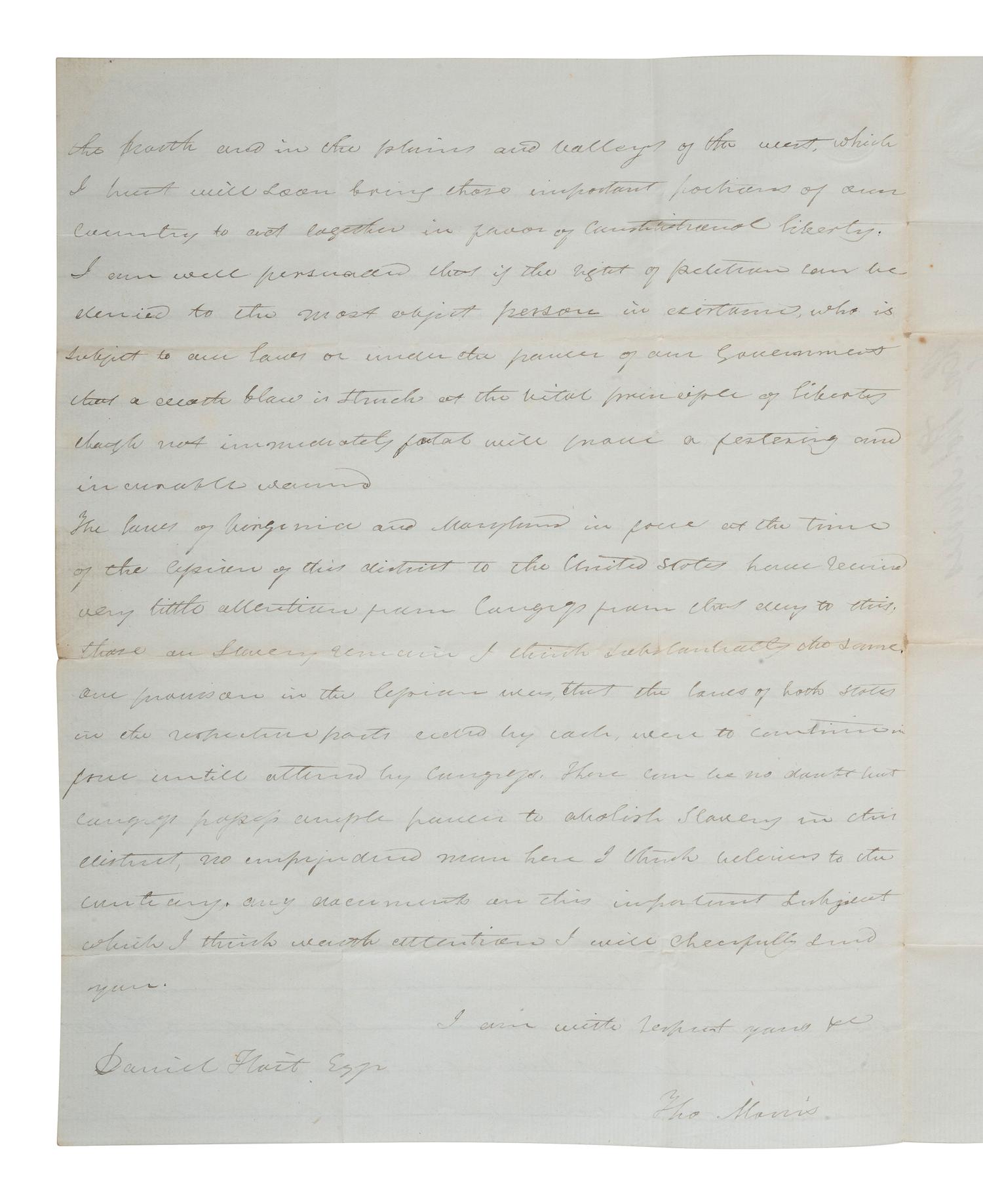 [SLAVERY & ABOLITION]. MORRIS, Thomas (1776-1844). Autograph letter signed ("Tho Morris"). Washington, 3 March 1838. Regarding slavery and "doctrine of Mr. Calhoun's resolutions".