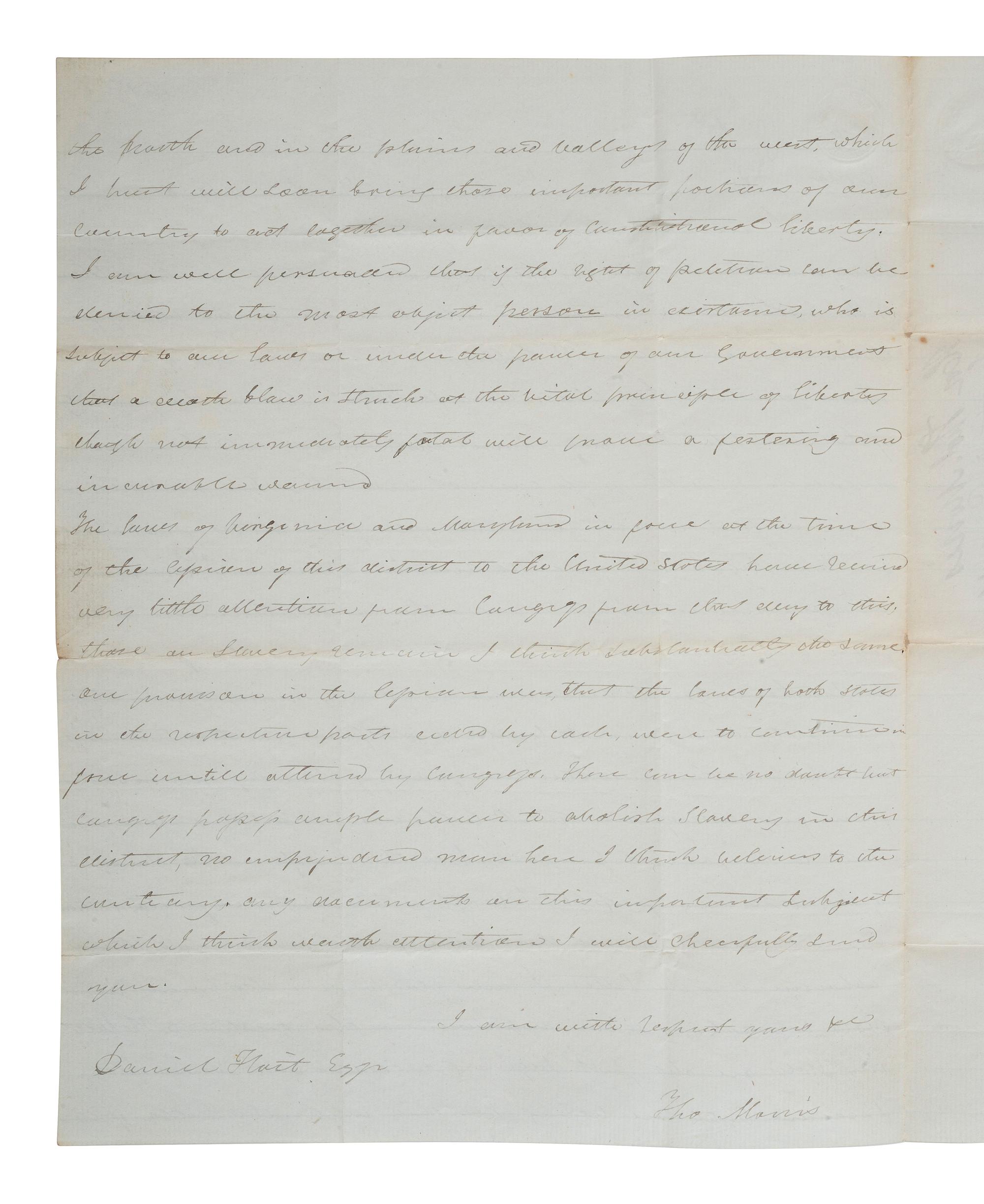 [SLAVERY & ABOLITION]. MORRIS, Thomas (1776-1844). Autograph letter signed ("Tho Morris"). Washington, 3 March 1838. Regarding slavery and "doctrine of Mr. Calhoun's resolutions".