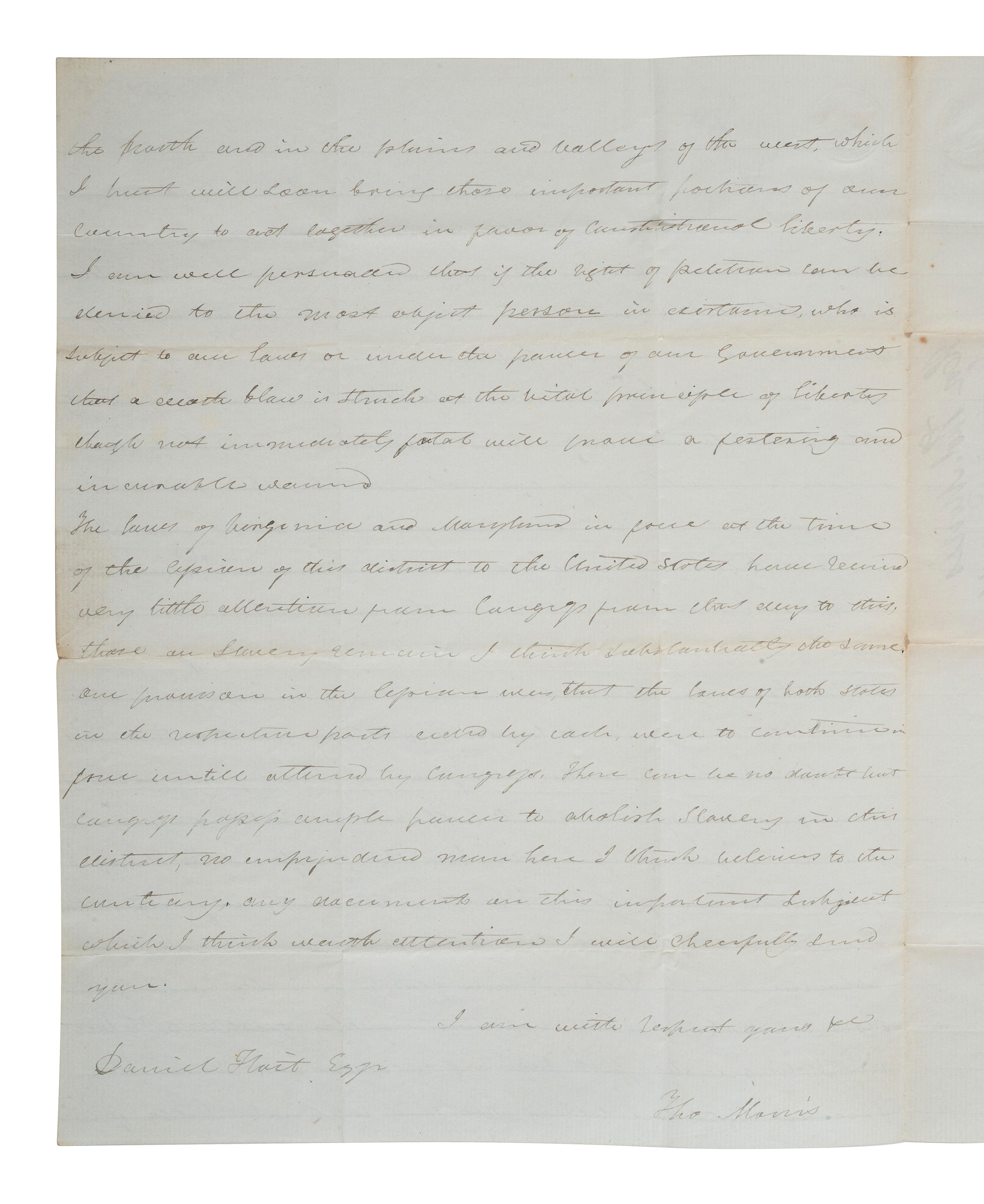 [SLAVERY & ABOLITION]. MORRIS, Thomas (1776-1844). Autograph letter signed ("Tho Morris"). Washington, 3 March 1838. Regarding slavery and "doctrine of Mr. Calhoun's resolutions".