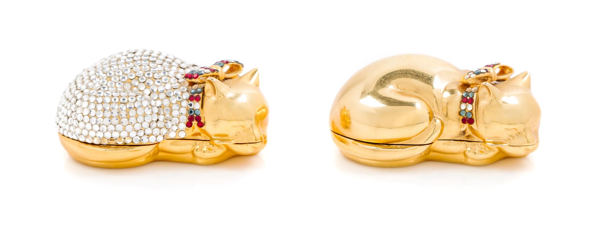 A Pair of Judith Leiber Sleeping Cat Pill Box Minaudieres, 2.25" x 1" x 1.75".