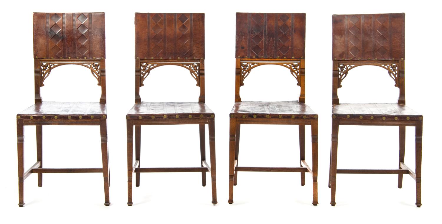 A Set of Four Secessionist Side Chairs Height 37 x width 17 3/8 x depth 17 1/2 inches.