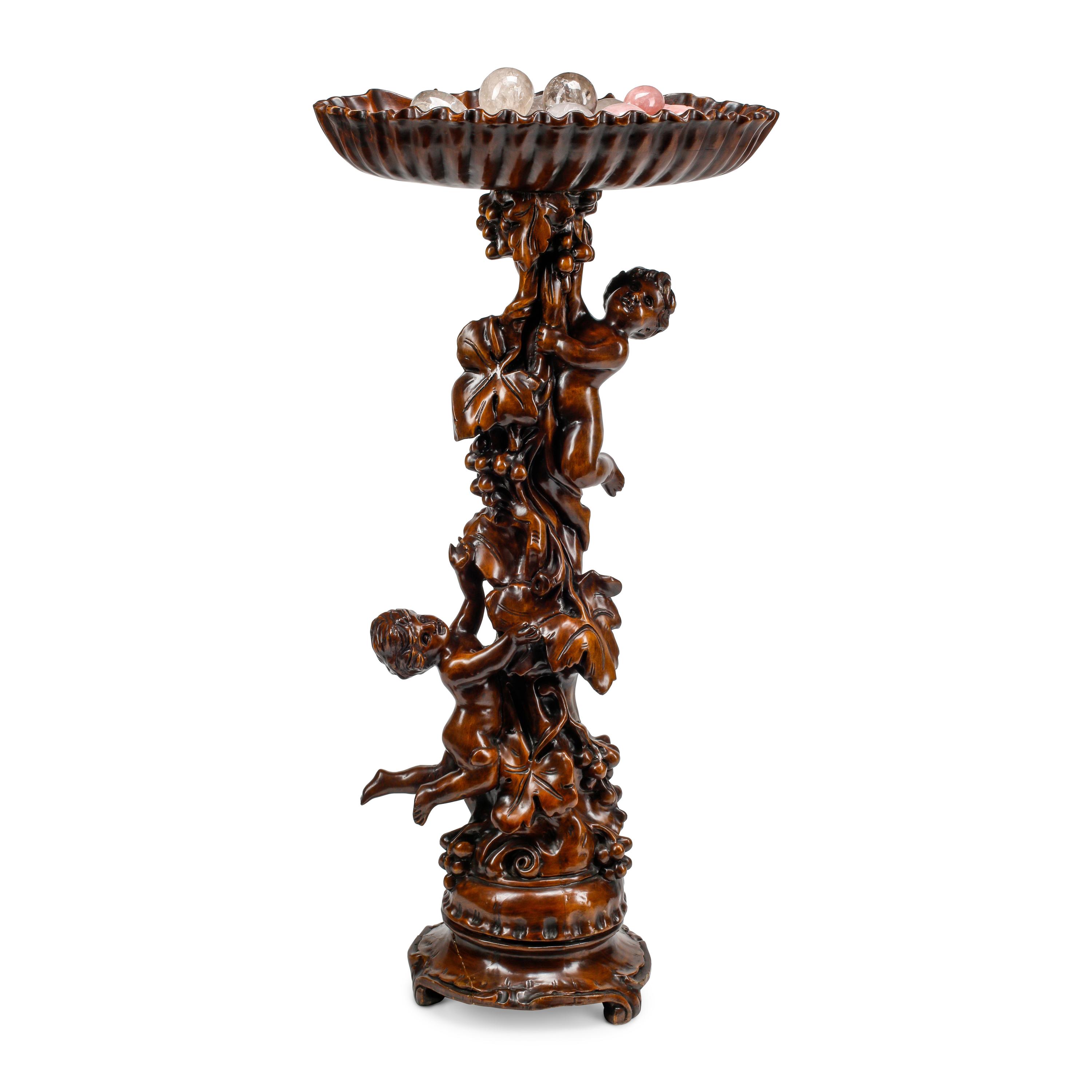 An Italian Baroque Style Carved Wood Jardinière with a Collection of Rock Crystal and Rose Quartz Fruit