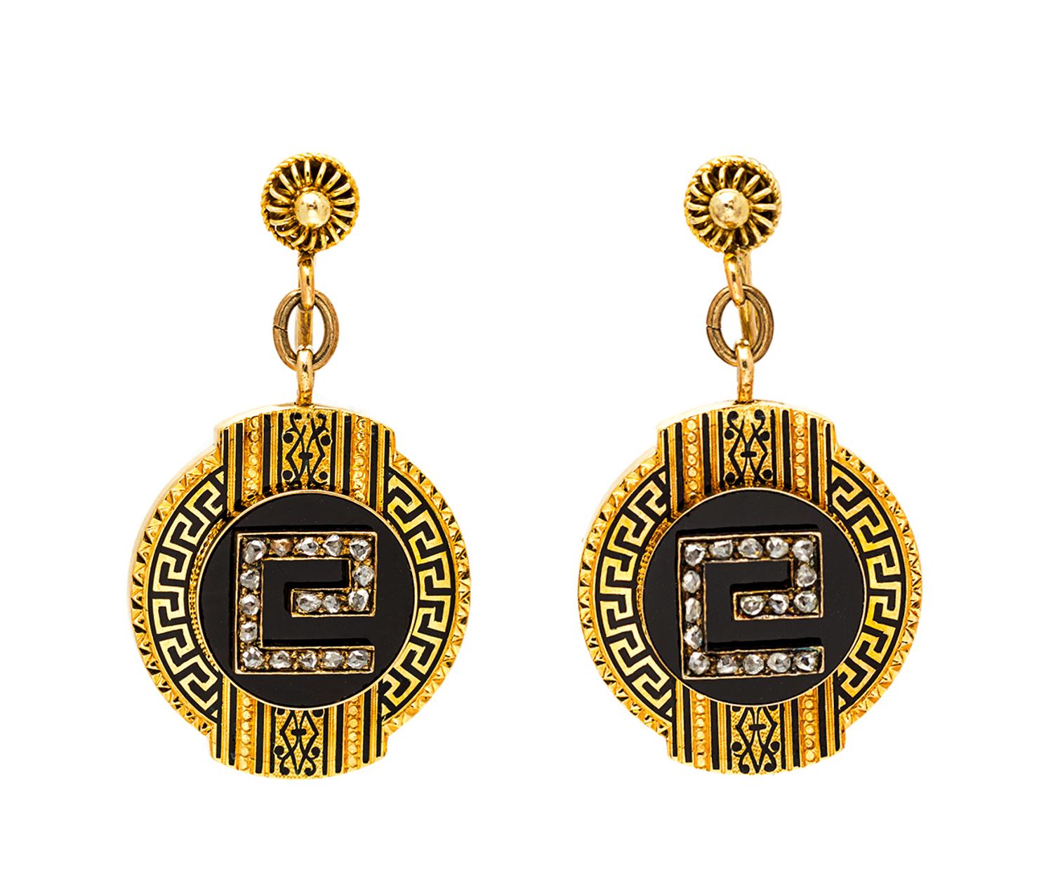 A Pair of Victorian 18 Karat Yellow Gold, Diamond, Onyx and Enamel Earclips, 6.20 dwts.