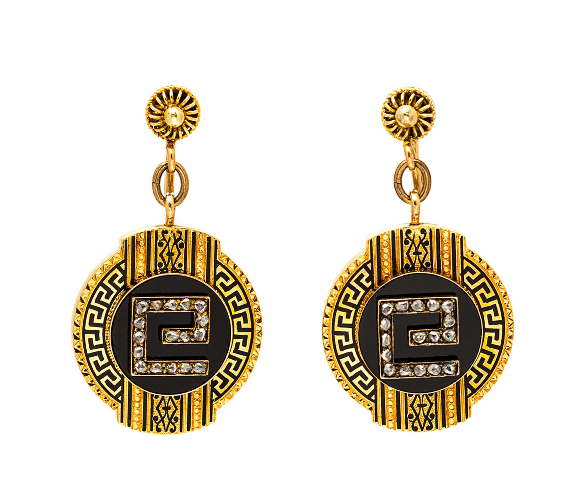 A Pair of Victorian 18 Karat Yellow Gold, Diamond, Onyx and Enamel Earclips, 6.20 dwts.