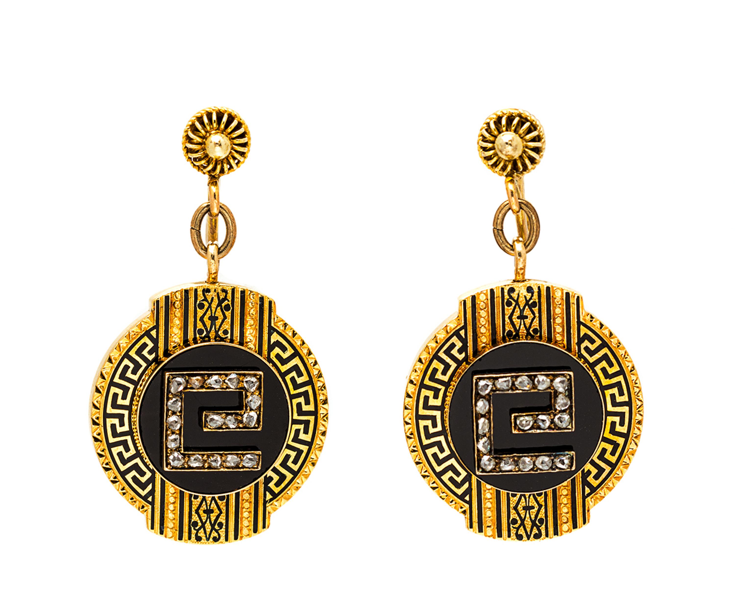A Pair of Victorian 18 Karat Yellow Gold, Diamond, Onyx and Enamel Earclips, 6.20 dwts.