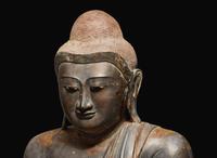A very large Mandalay style Burmese patinated bronze figure of the seated Buddha 大型緬甸加漆銅塑佛造像