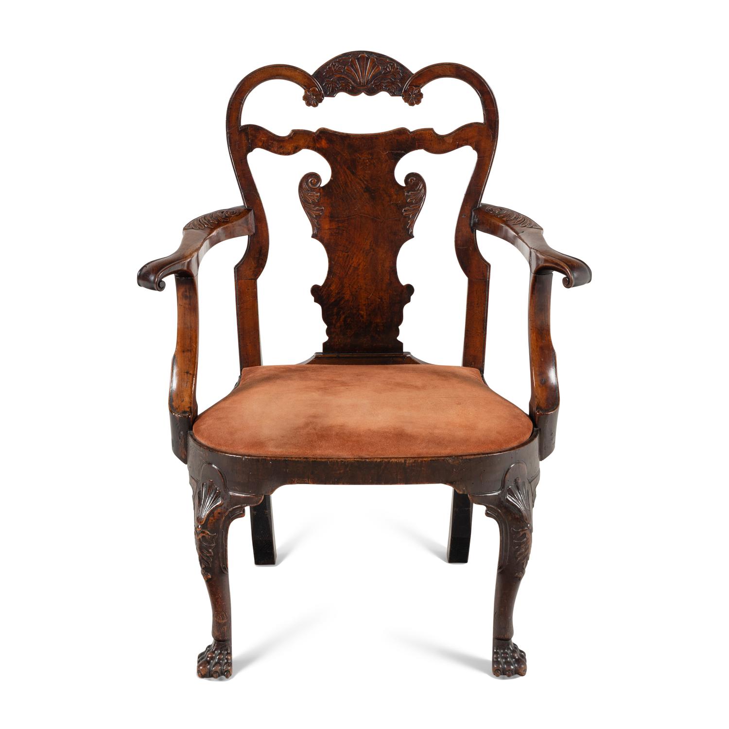 A George II/III Shell-Carved Oak and Walnut Armchair