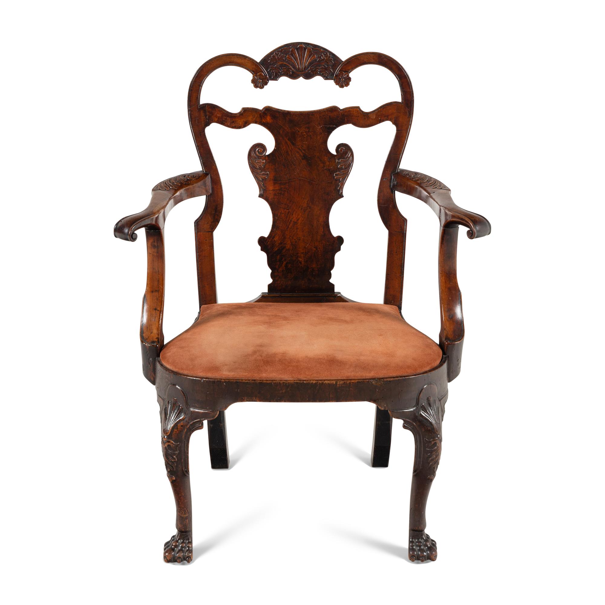 A George II/III Shell-Carved Oak and Walnut Armchair