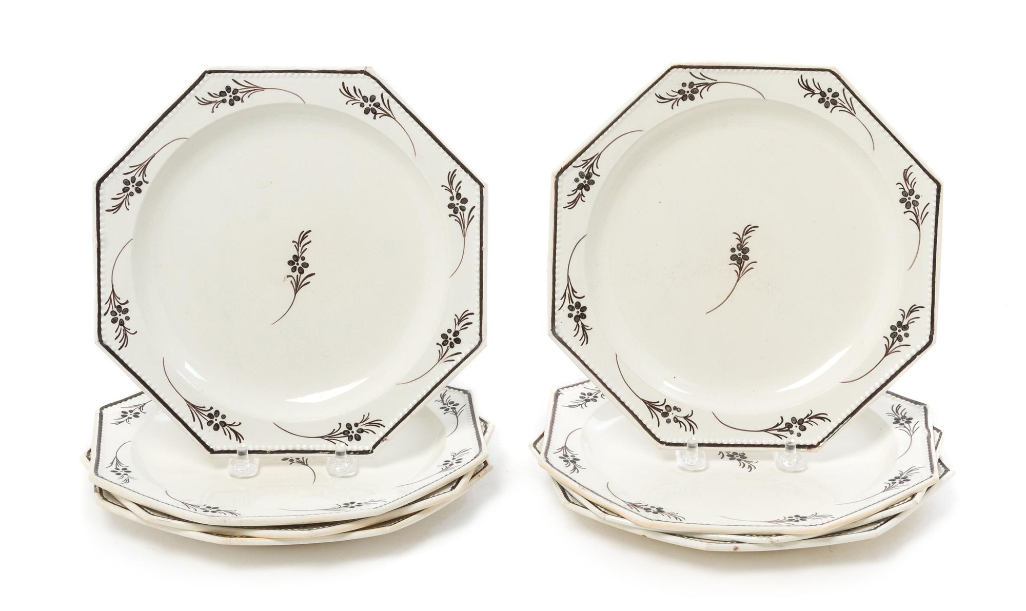 Eight French Creamware Transfer Decorated Plates Diameter 8 inches.