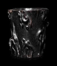 A Chinese Carved Hardwood Brushpot, Bitong