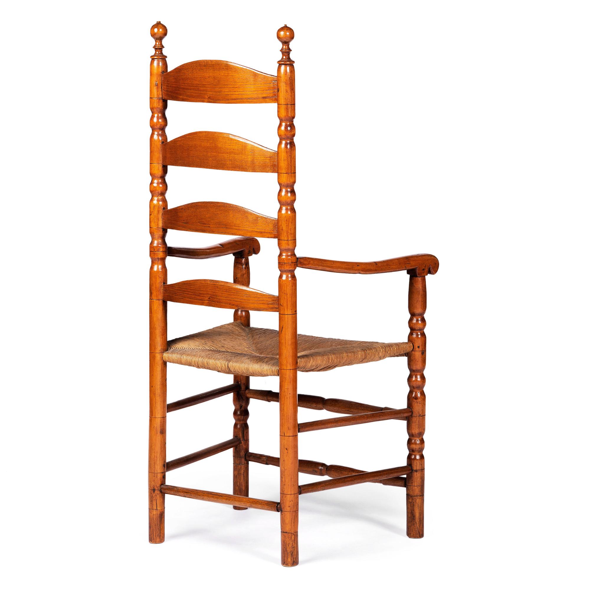 A William and Mary Style Turned Maple Ladder-Back Rush Seat Armchair