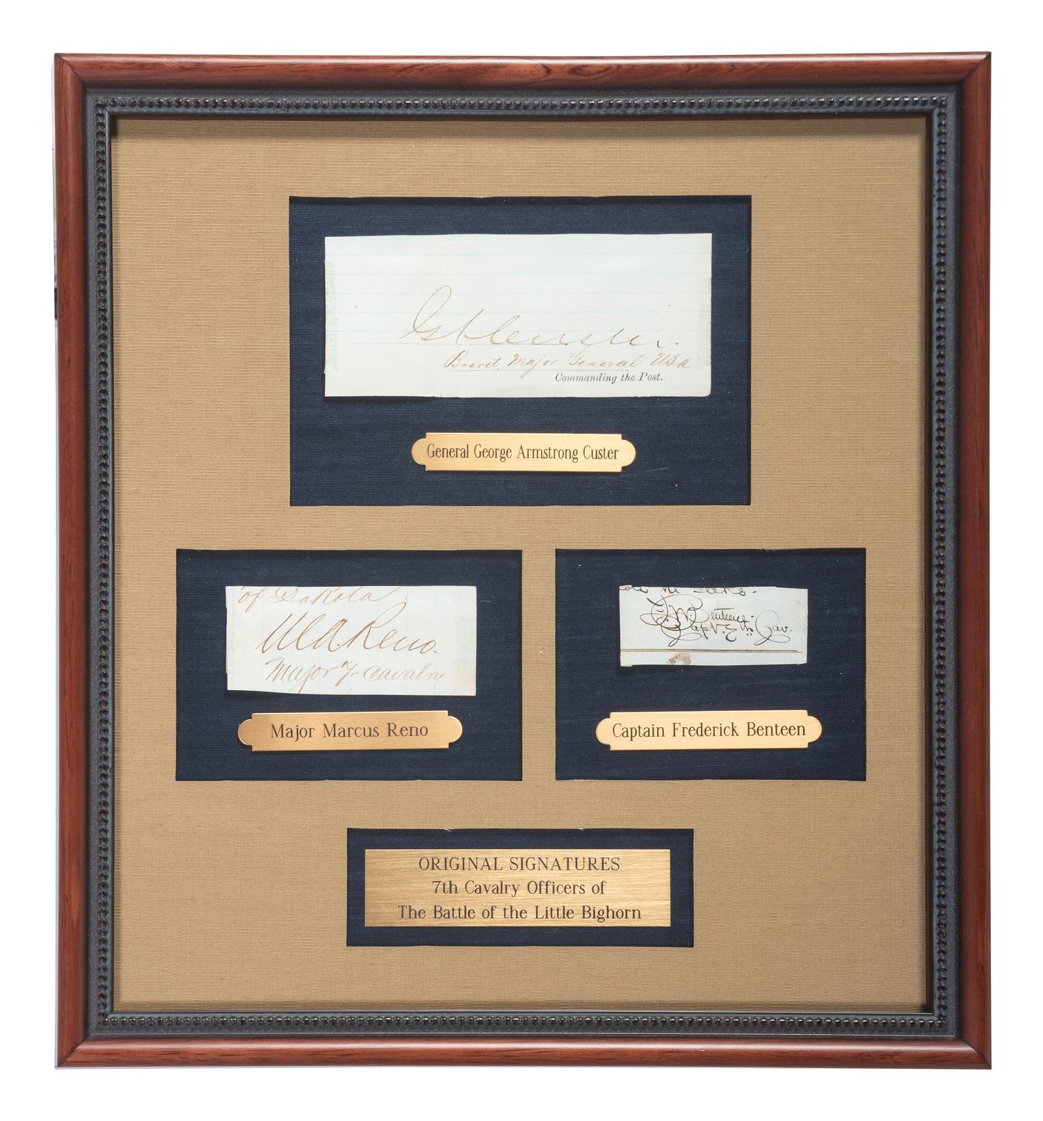 CUSTER, George Armstrong, RENO, Marcus, and BENTEEN, Frederick. A group of 3 clipped signatures of 7th Cavalry officers framed.