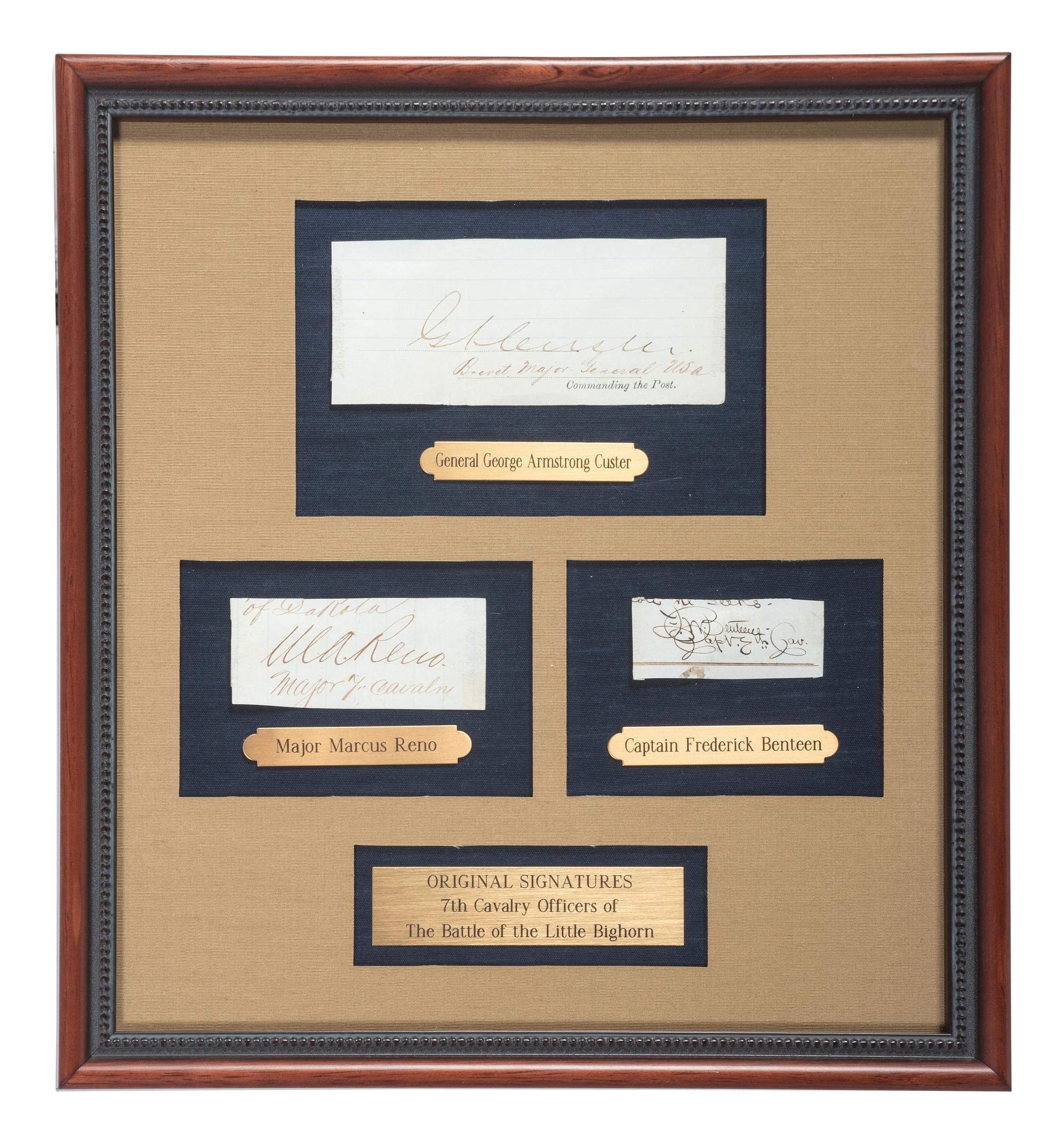 CUSTER, George Armstrong, RENO, Marcus, and BENTEEN, Frederick. A group of 3 clipped signatures of 7th Cavalry officers framed.