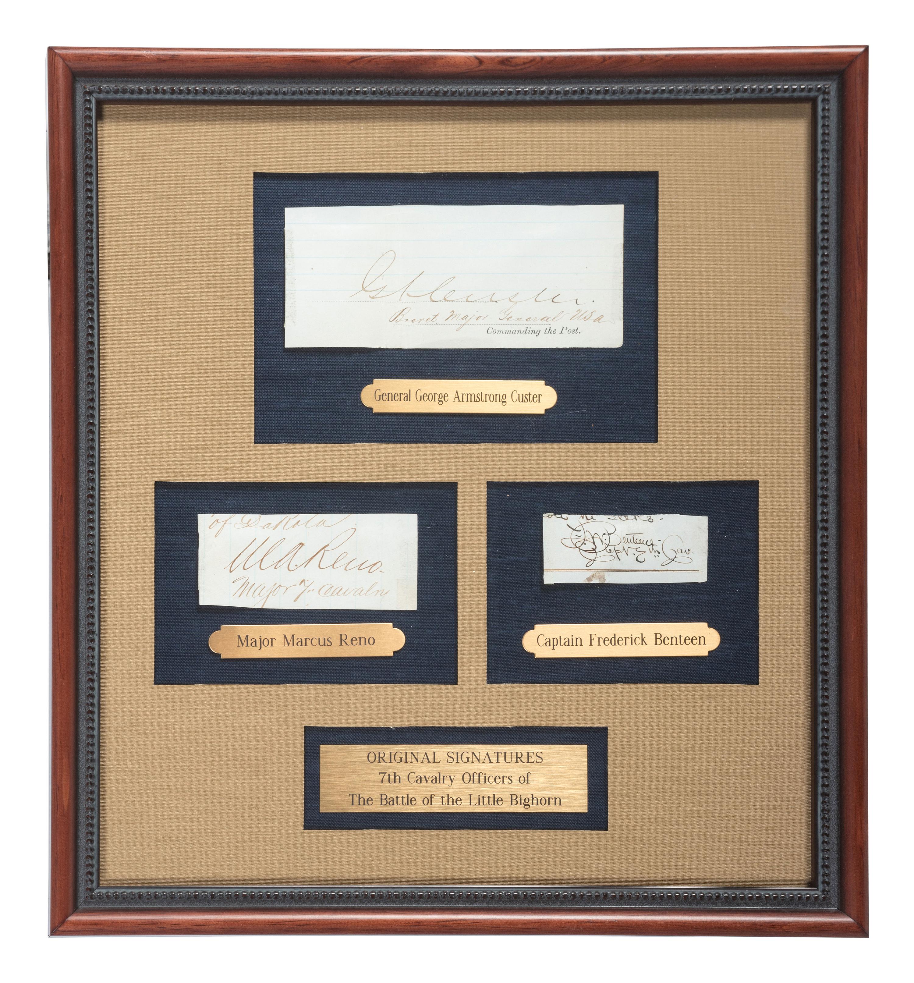 CUSTER, George Armstrong, RENO, Marcus, and BENTEEN, Frederick. A group of 3 clipped signatures of 7th Cavalry officers framed.