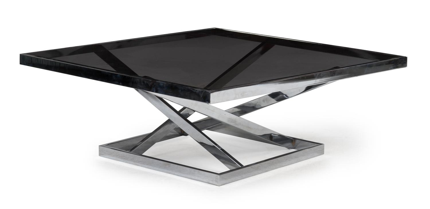 A Chrome-Plated Steel and Smoked Glass Coffee Table Height 13 3/8 x width 37 1/4 x depth 37 1/4 inches. — STYLE OF MILO BAUGHMAN