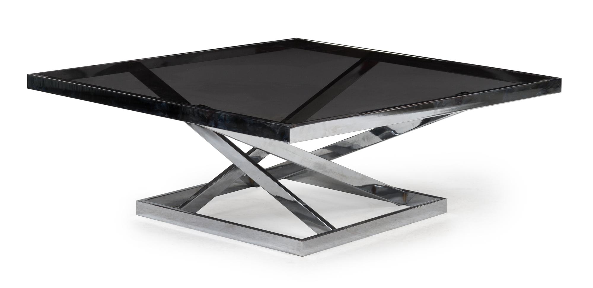 A Chrome-Plated Steel and Smoked Glass Coffee Table Height 13 3/8 x width 37 1/4 x depth 37 1/4 inches. — STYLE OF MILO BAUGHMAN