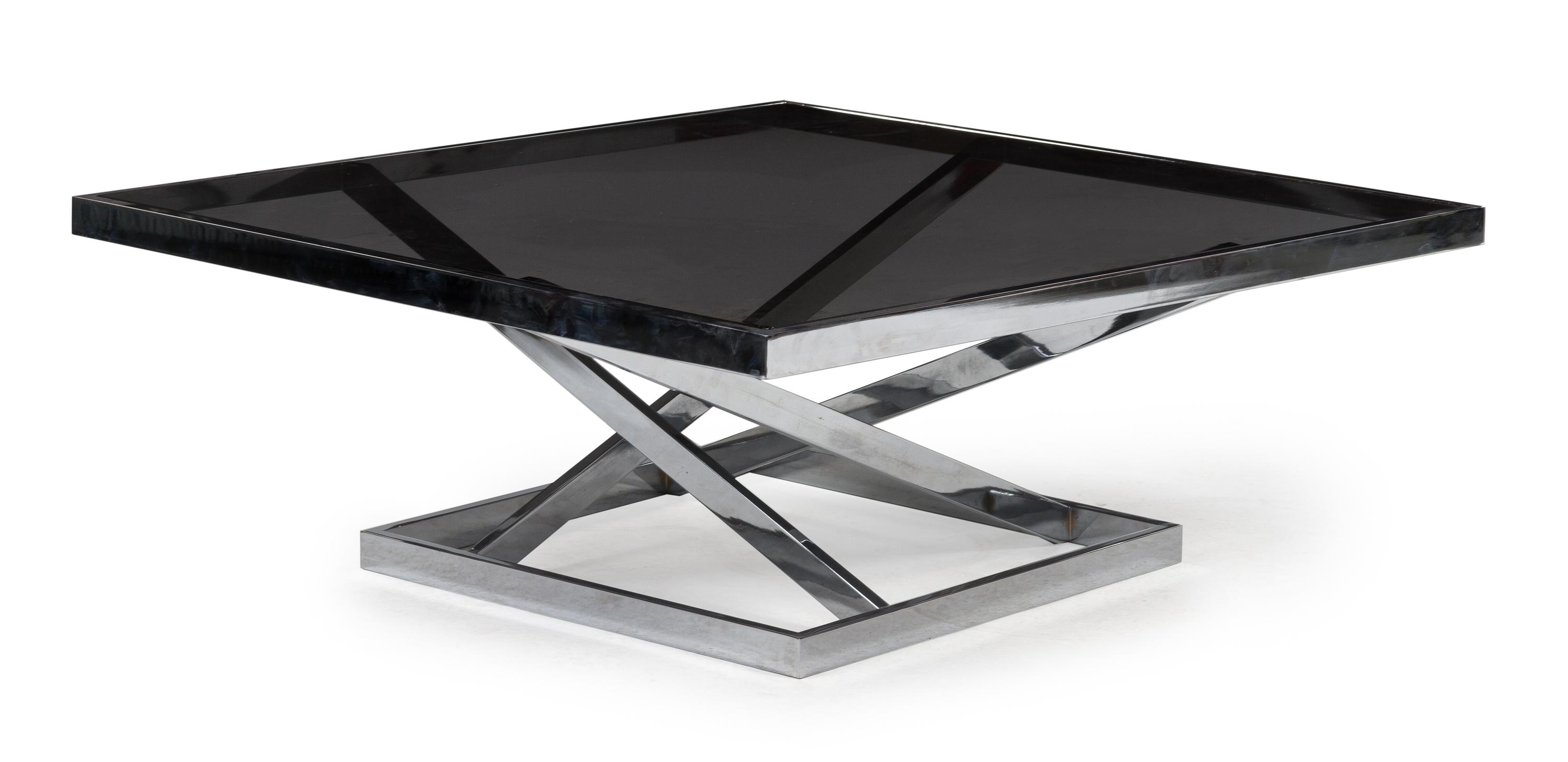 A Chrome-Plated Steel and Smoked Glass Coffee Table Height 13 3/8 x width 37 1/4 x depth 37 1/4 inches. — STYLE OF MILO BAUGHMAN
