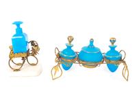 Two Gilt Metal and Blue Opaline Glass Dresser Sets — 19th Century