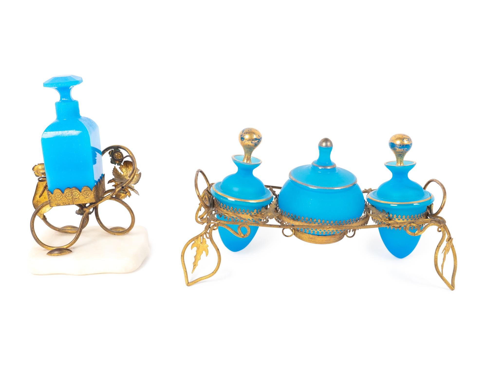 Two Gilt Metal and Blue Opaline Glass Dresser Sets — 19th Century
