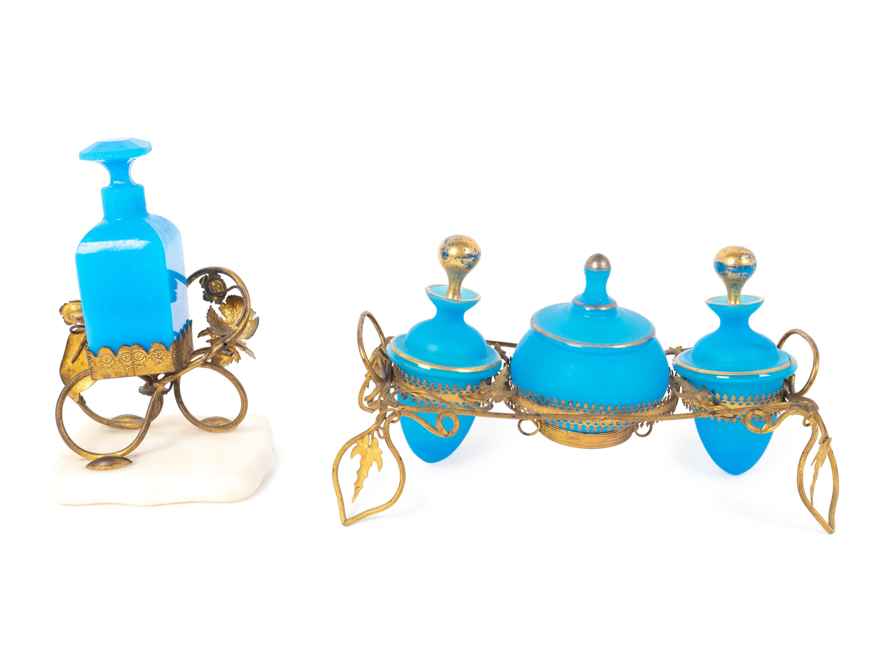 Two Gilt Metal and Blue Opaline Glass Dresser Sets — 19th Century