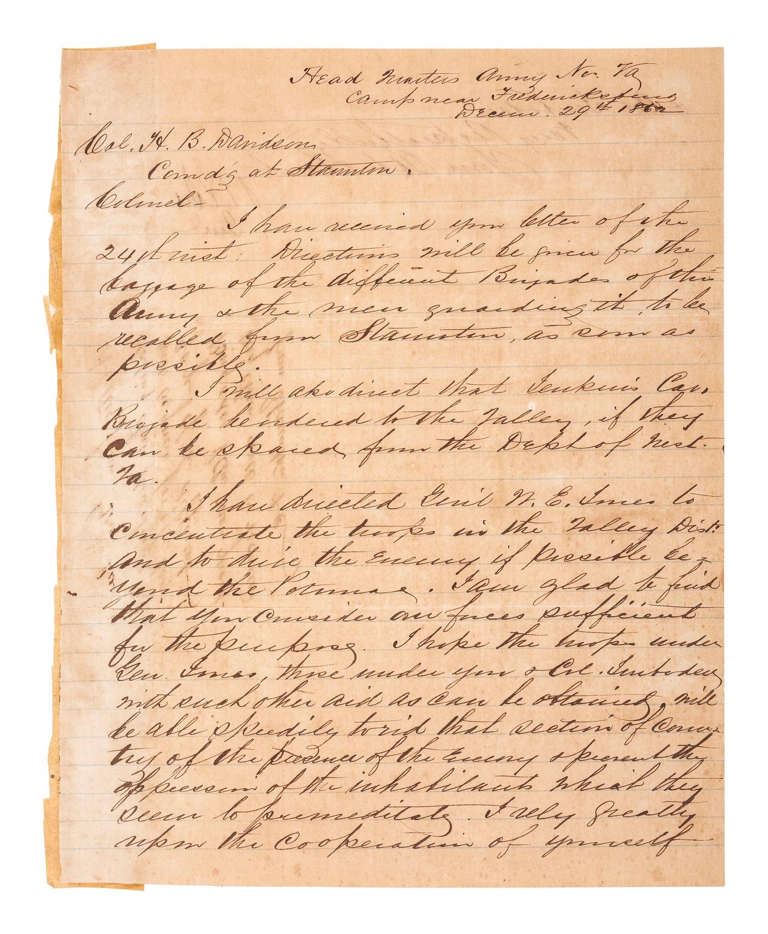 LEE, Robert E. (1807-1870). Letter signed ("R E Lee Genl"), as Commander of the Army of Northern Virginia, to Confederate Colonel Henry B. Davidson (1831-1899). "Head Quarters Army No. Va / Camp near Fredericksburg." 29 December 1862.