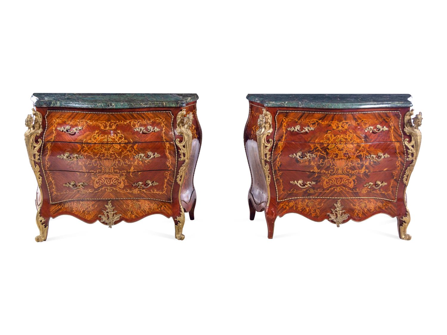 A Pair of Louis XV Style Gilt Metal Mounted Sans Traverse Inlaid Marble-Top Commodes