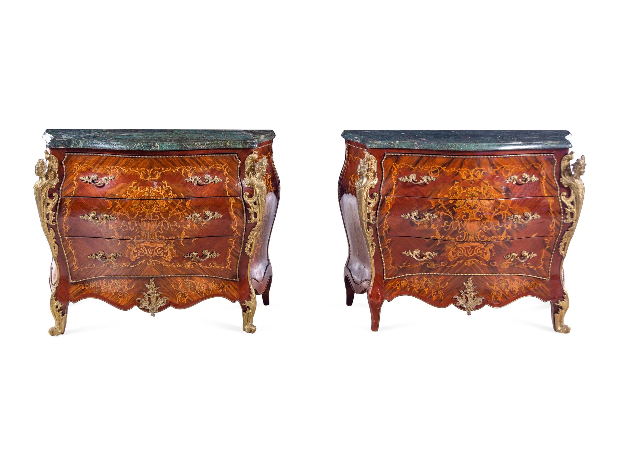A Pair of Louis XV Style Gilt Metal Mounted Sans Traverse Inlaid Marble-Top Commodes