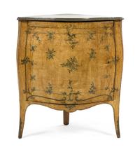 An Italian Painted Corner Cabinet, Height 34 1/2 x width 29 1/2 x depth 20 inches.