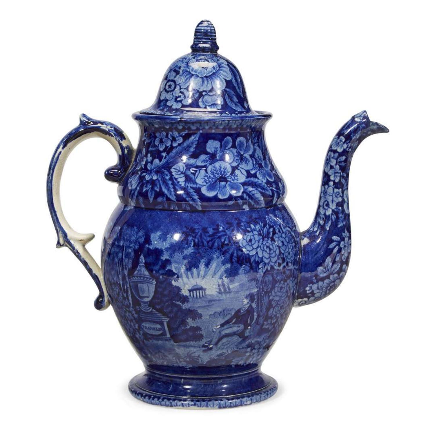 Historical Blue Staffordshire 'Lafayette at the Tomb of Franklin' coffeepot Thomas Mayer, Stoke, Cliff Bank Works, 1829