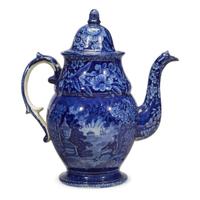 Historical Blue Staffordshire 'Lafayette at the Tomb of Franklin' coffeepot Thomas Mayer, Stoke, Cliff Bank Works, 1829