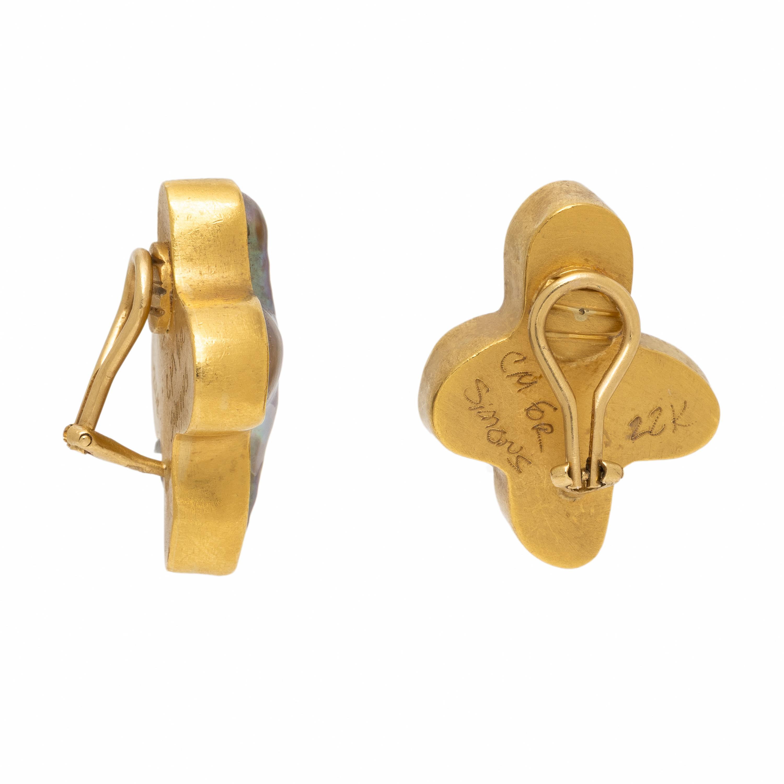 Cultured Biwa Pearl and Yellow Gold Earrings