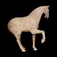 A Large Chinese Pottery Figure of a Prancing Horse, Tang Dynasty — 唐 白陶馬