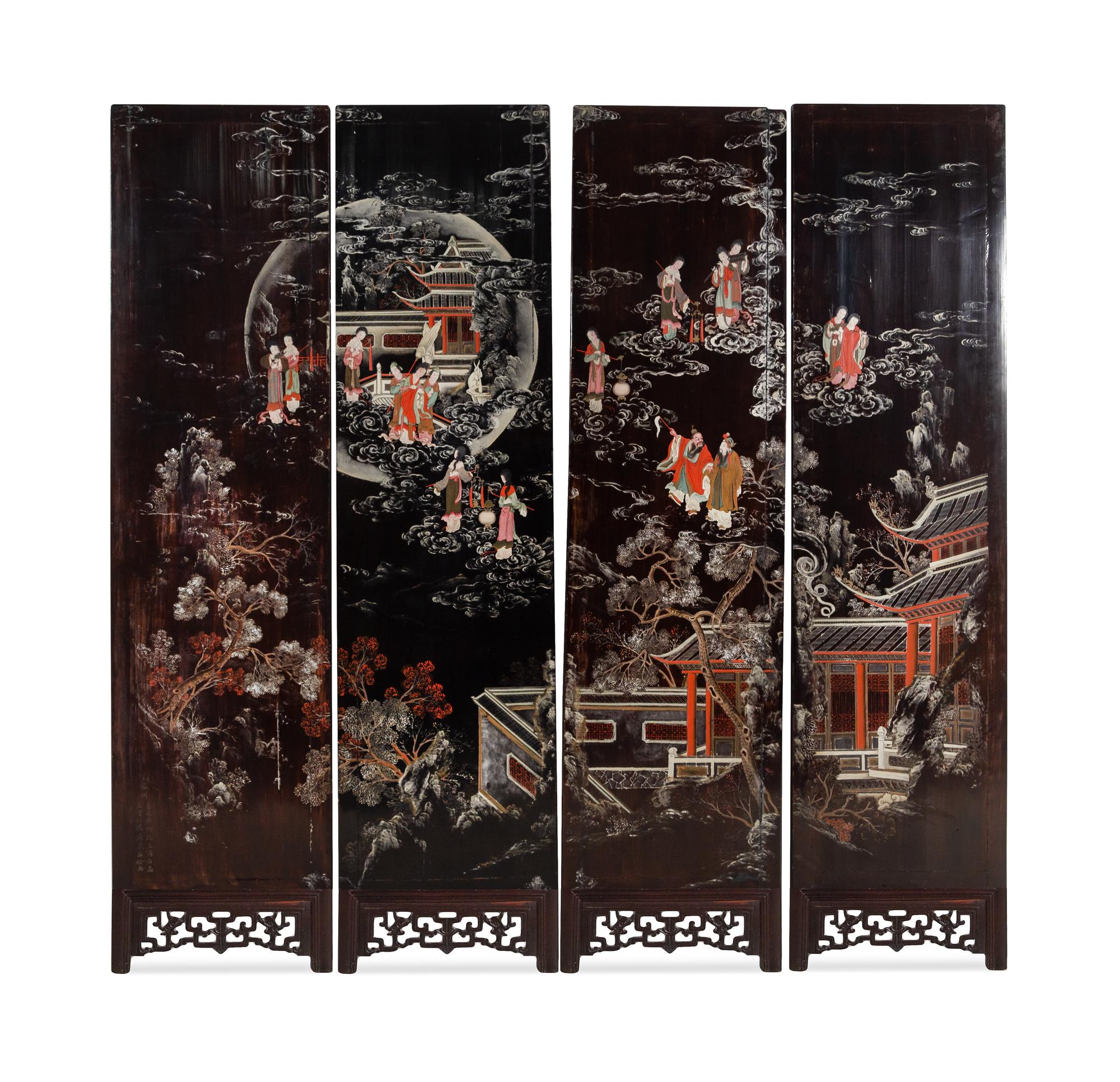A Set of Four Hardstone Embellished Black Lacquered Wood Panels