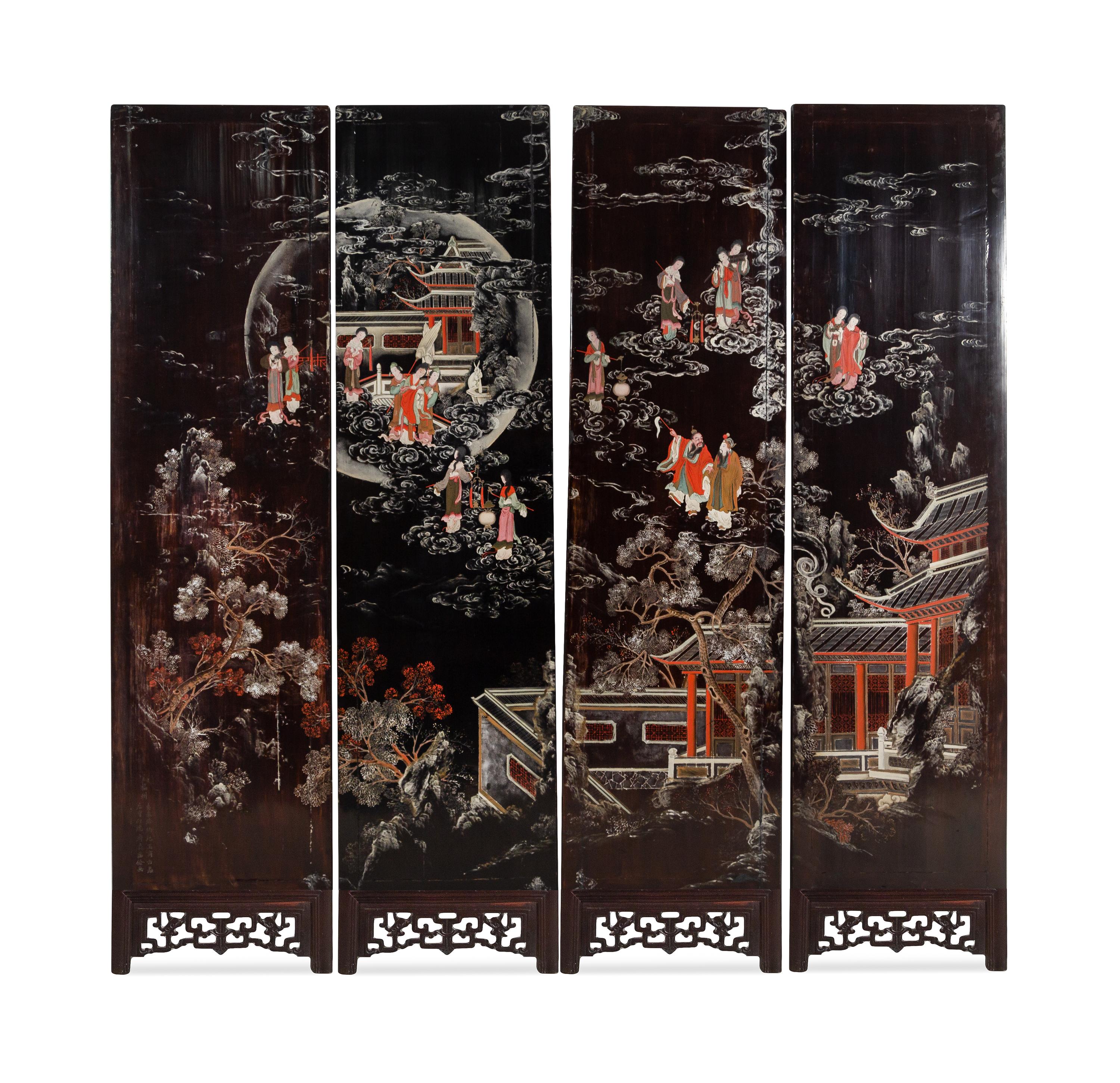 A Set of Four Hardstone Embellished Black Lacquered Wood Panels