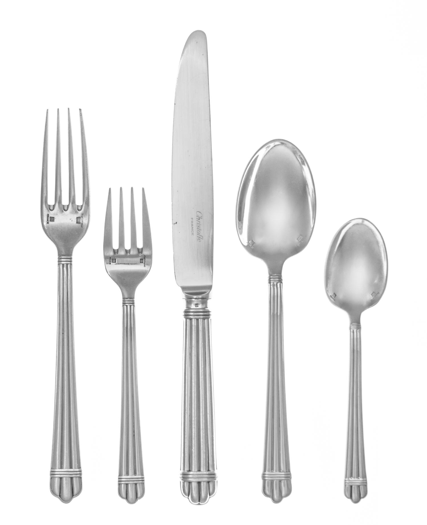 A French Silver-Plate Flatware Service, Christofle, Paris, 20th Century, Aria pattern, comprising: 15 dinner knives 10 dinner forks 10