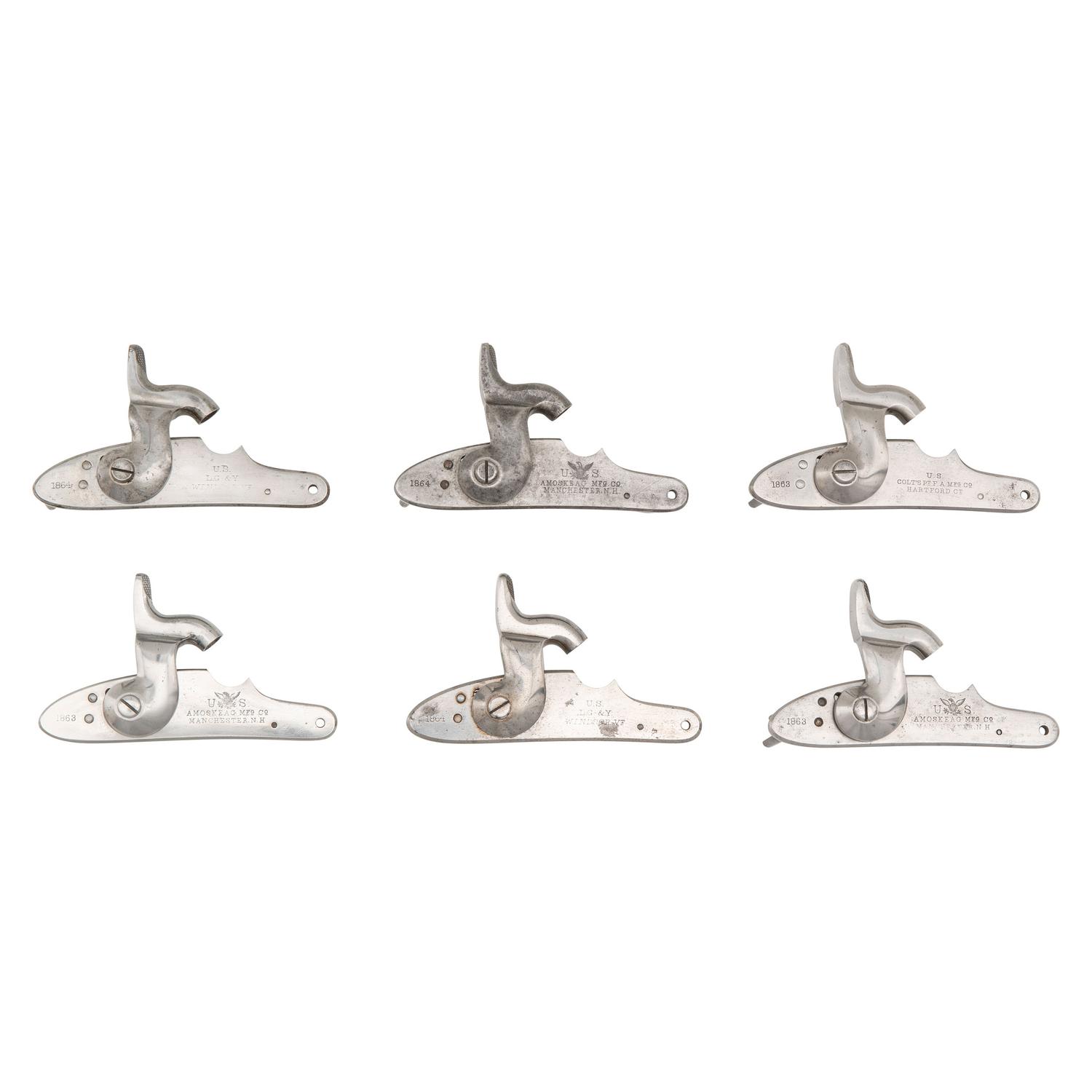 Six US Special Model 1861 Rifle Musket Locks: (1) Colt, (2) LG&Y & (3) Amoskeag,