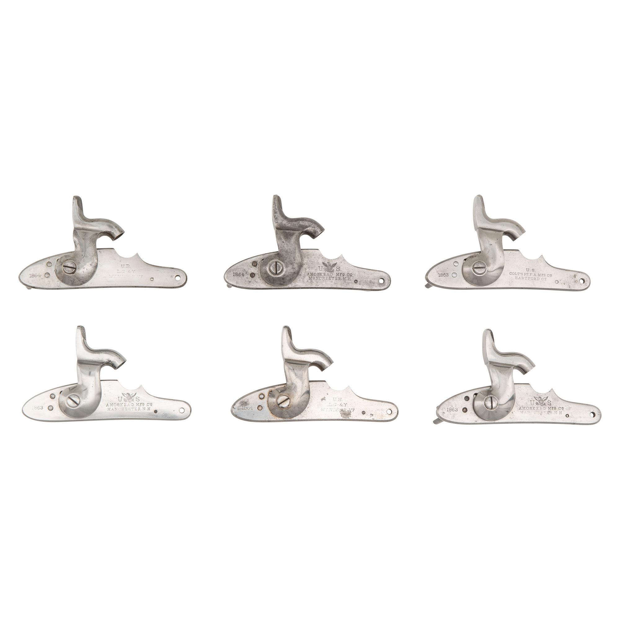 Six US Special Model 1861 Rifle Musket Locks: (1) Colt, (2) LG&Y & (3) Amoskeag,