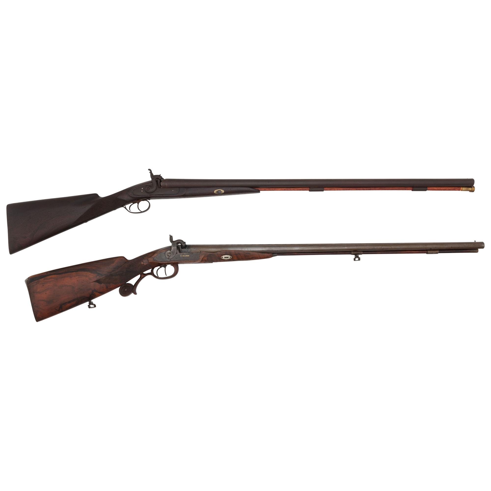 Lot of 2 Belgian Percussion SxS Shotguns Including: Gold Inlaid Franz Baader Shotgun